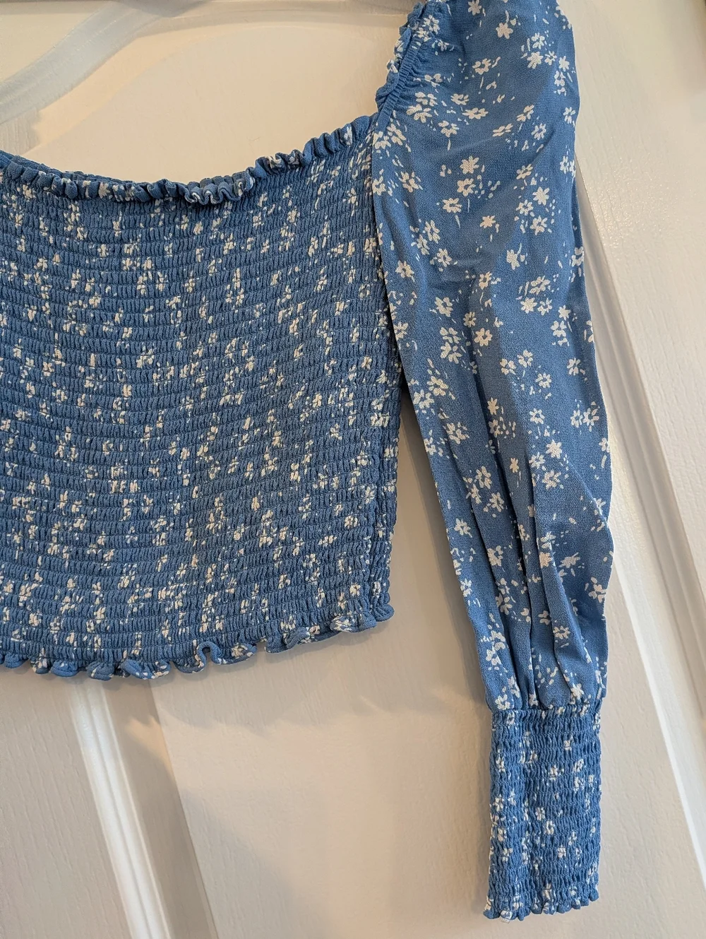 Reformation Pinto Floral Smocked Crepe Top Lassen Blue Shirt Size S Cottagecore